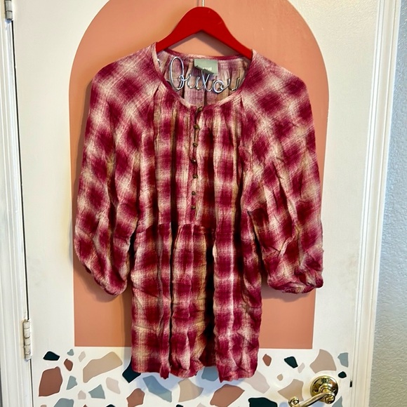 Anthro Maeve Calavon pink plaid checked button flowy top - Picture 4 of 9